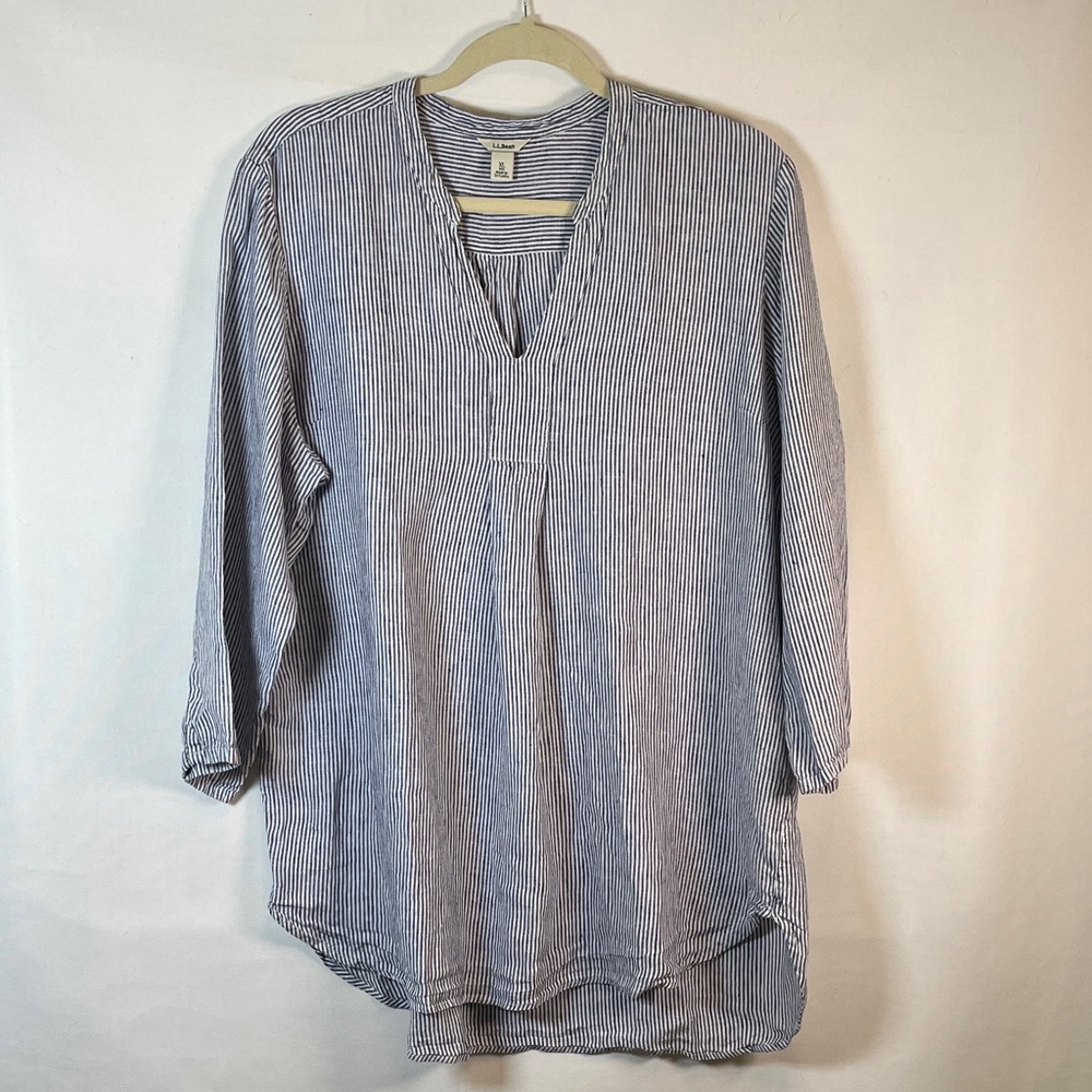 L.L. Bean Linen Tunic Blouse Women's Size XL Strip Relaxed Fit Split Neck Top